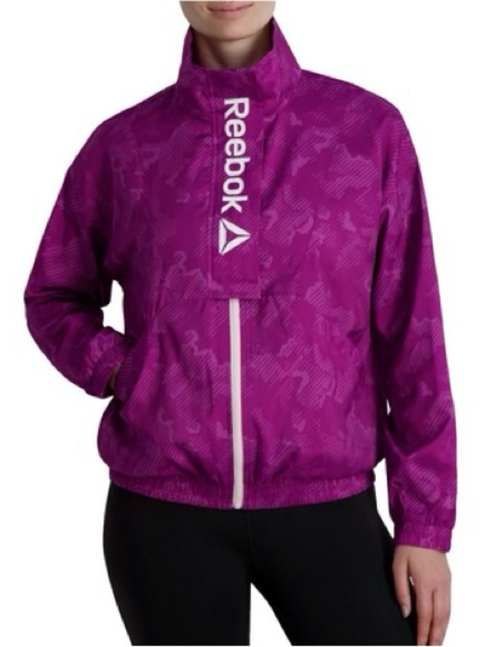 NWT Reebok Printed Passionate Purple Track Jacket Womens L Logo Flap Lightweight